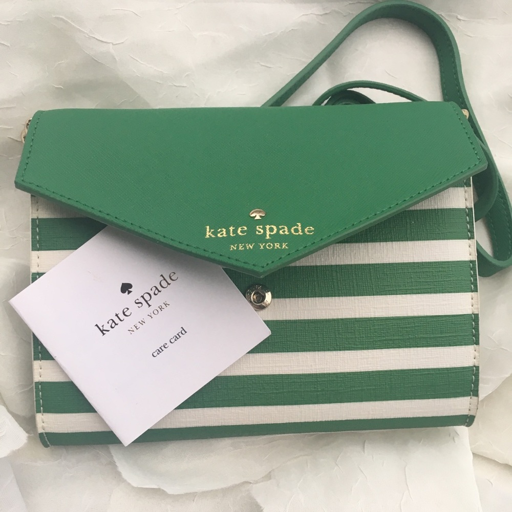 Kate Spade Green Striped Crossbody wristlet *New